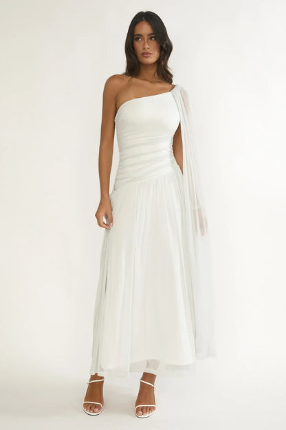 Zorina One-Shoulder Drape Maxi Dress Silver