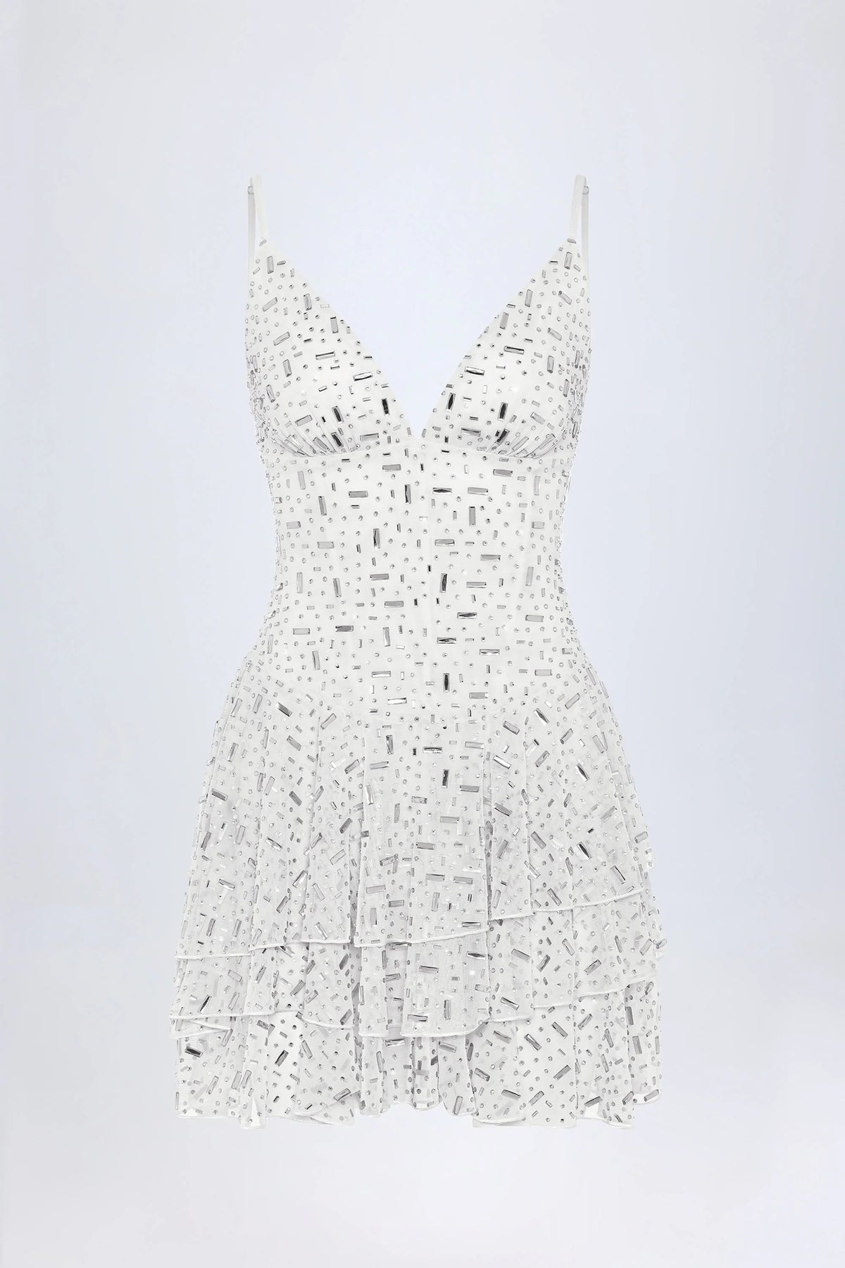 Embellished Ruffled Tiered Mini Dress in White