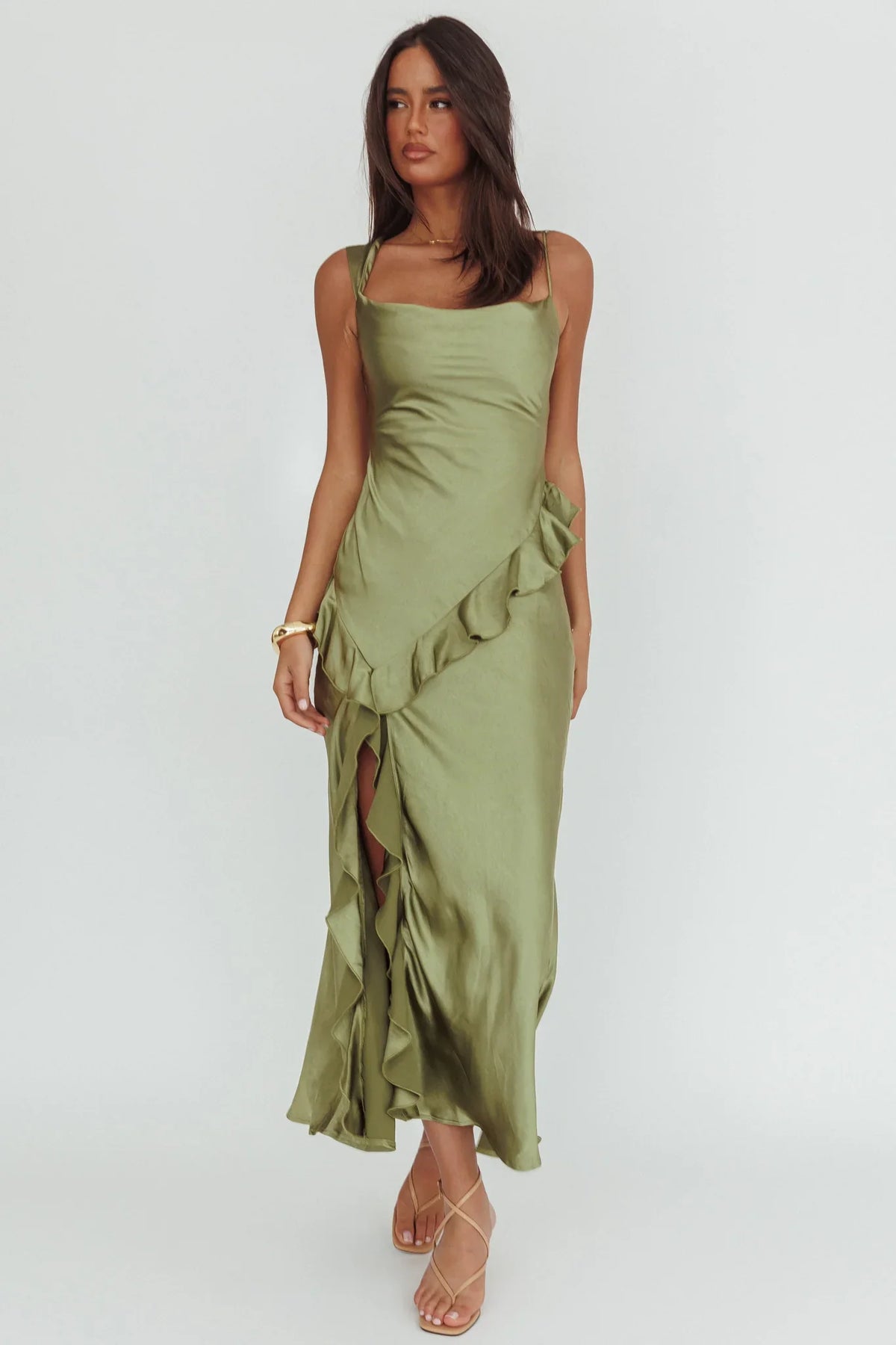 Sunshine Eternity Asymmetric Neckline Ruffle Maxi Dress Olive