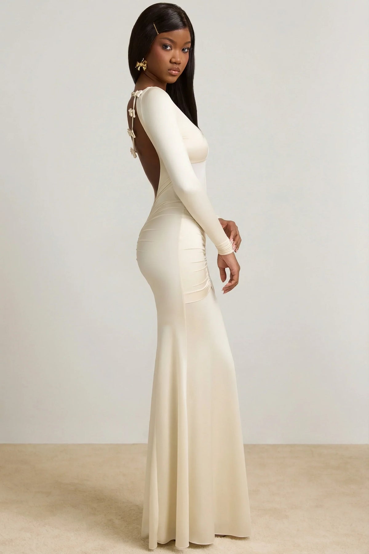Bow-Detail Ruched Maxi Dress in Ivory