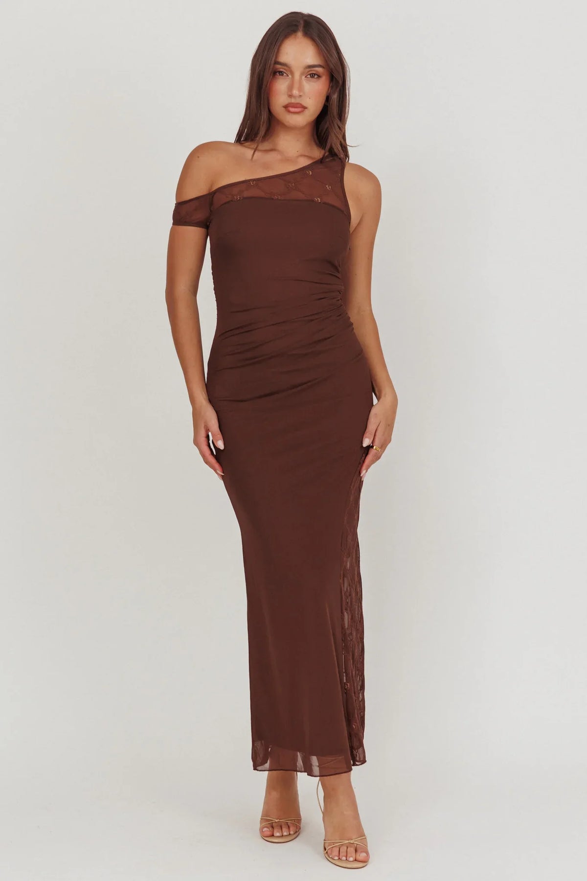 Sher One-Shoulder Lace Panel Maxi Dress Chocolate
