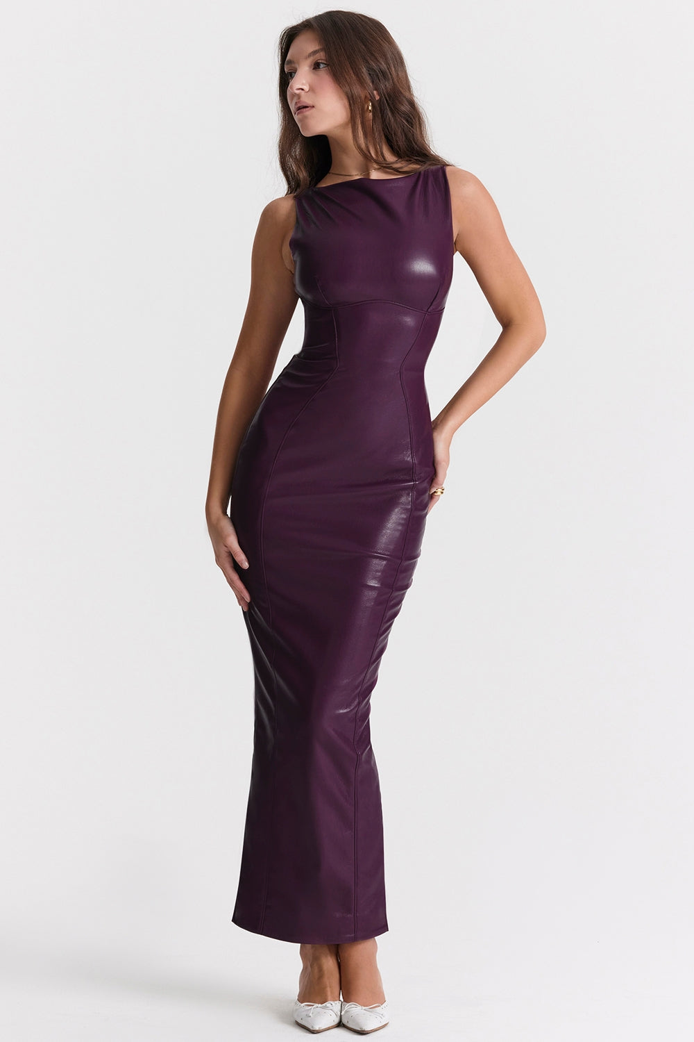 merlot vegan leather maxi dress