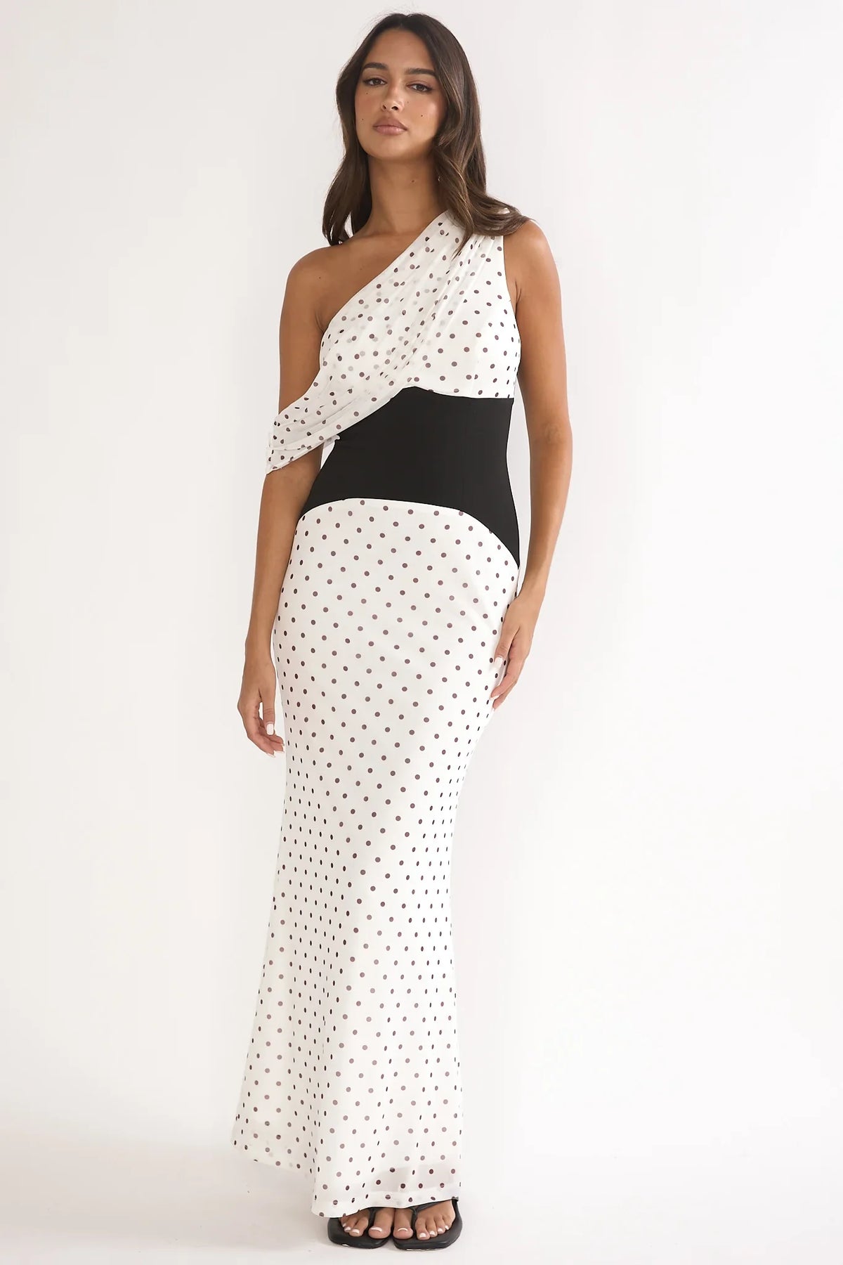 Milos Asymmetric Neckline Maxi Dress Polka Dot Brown