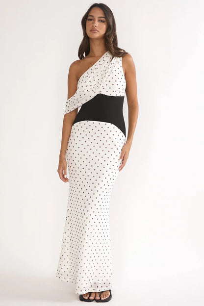 Milos Asymmetric Neckline Maxi Dress Polka Dot Brown