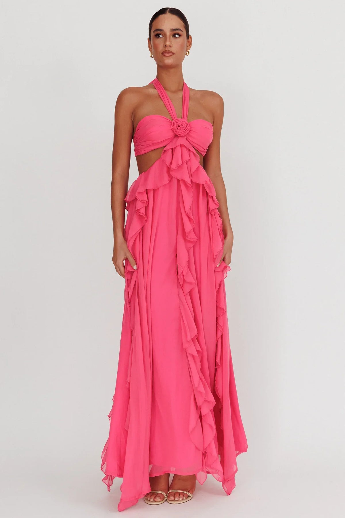 Santiago Cut-Out Ruffle Maxi Dress Fuchsia