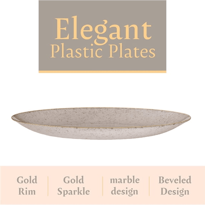 Elegant Plastic Dinner Plates - Granite/Gold Rim - 32 Pack - Wichita Home Outlet