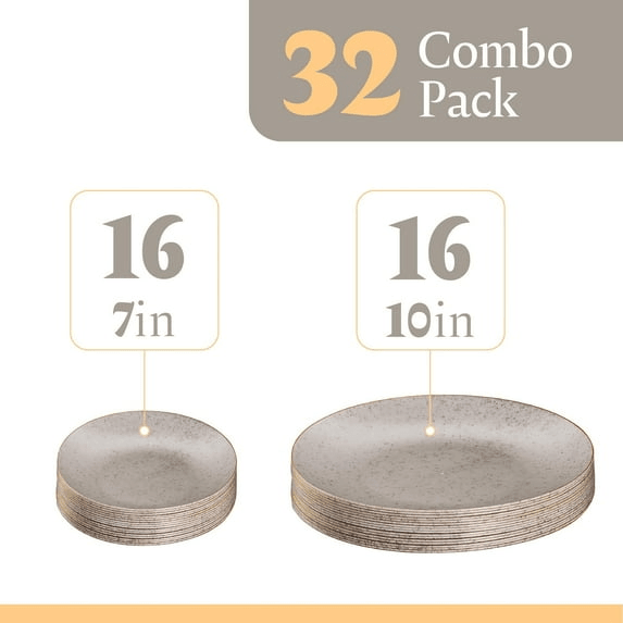 Elegant Plastic Dinner Plates - Granite/Gold Rim - 32 Pack - Wichita Home Outlet