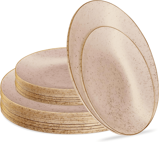 Elegant Plastic Dinner Plates Granite Pink Gold Rim Plastic, 32 Pack - Wichita Home Outlet