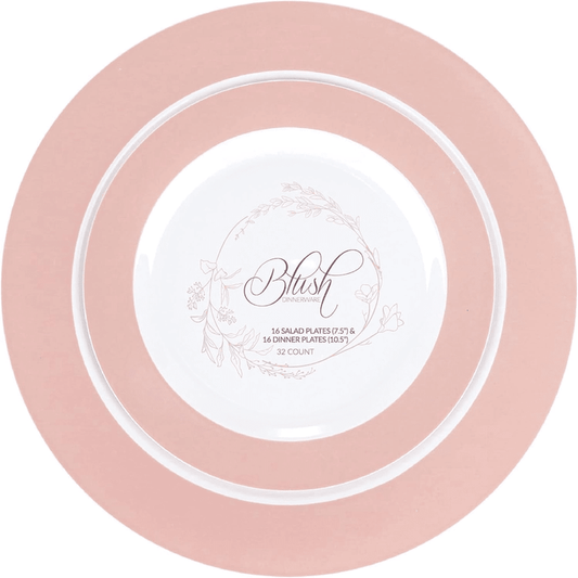 Elegant Plastic Dinner Plates Set Blush Rim Plastic Silverware, 32 Pack - Wichita Home Outlet