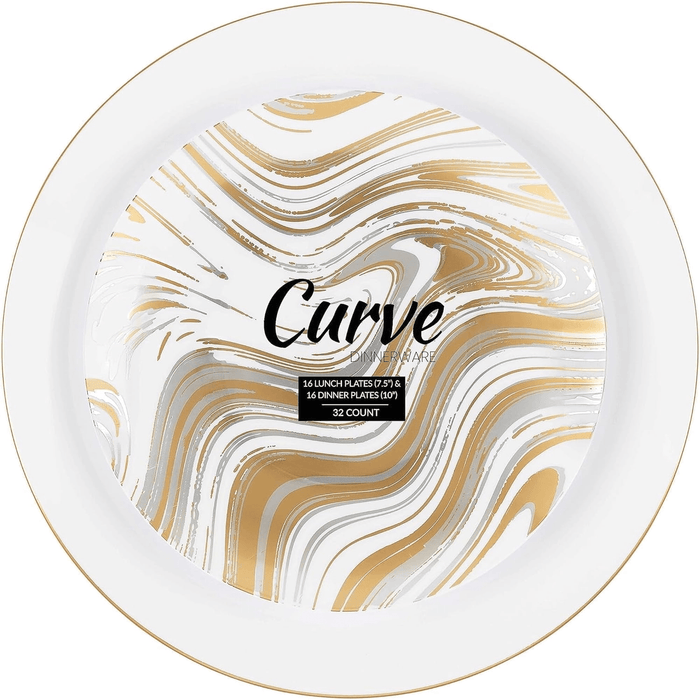 Elegant Plastic Dinner Plates Set Gold Silver Curve Plastic, 32 Pack - Wichita Home Outlet