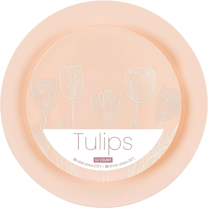 Elegant Plastic Dinner Plates Set Pink White Tulip Plastic Silverware, 32 Pack - Wichita Home Outlet