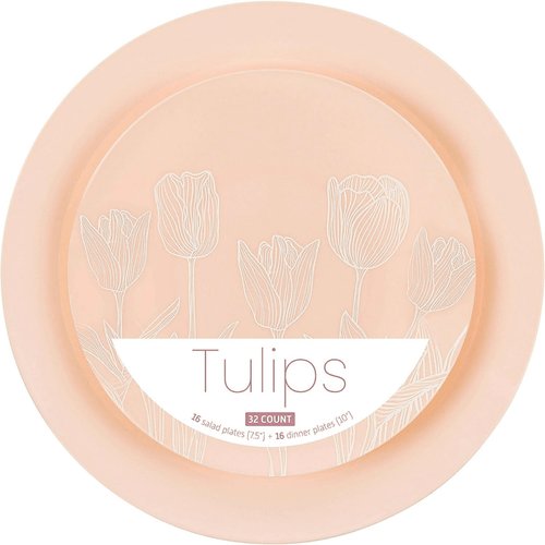 Elegant Plastic Dinner Plates Set Pink White Tulip Plastic Silverware, 32 Pack - Wichita Home Outlet