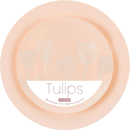 Elegant Plastic Dinner Plates Set Pink White Tulip Plastic Silverware, 32 Pack - Wichita Home Outlet