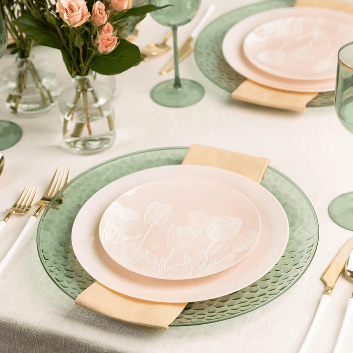 Elegant Plastic Dinner Plates Set Pink White Tulip Plastic Silverware, 32 Pack - Wichita Home Outlet
