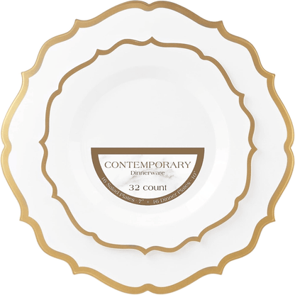 Elegant Plastic Dinner Plates White Gold - 32Pack - Wichita Home Outlet