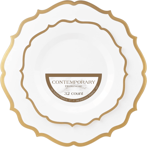 Elegant Plastic Dinner Plates White Gold - 32Pack - Wichita Home Outlet