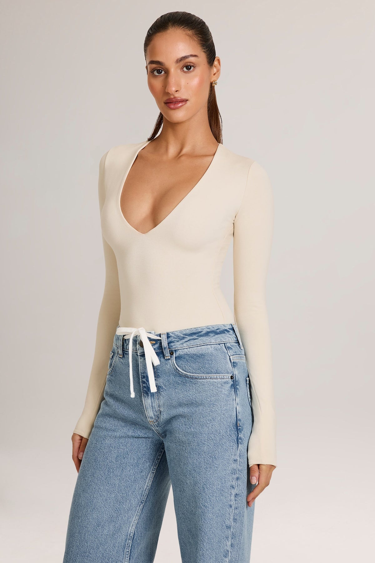 Modal Plunge Long-Sleeve Bodysuit  in Ivory