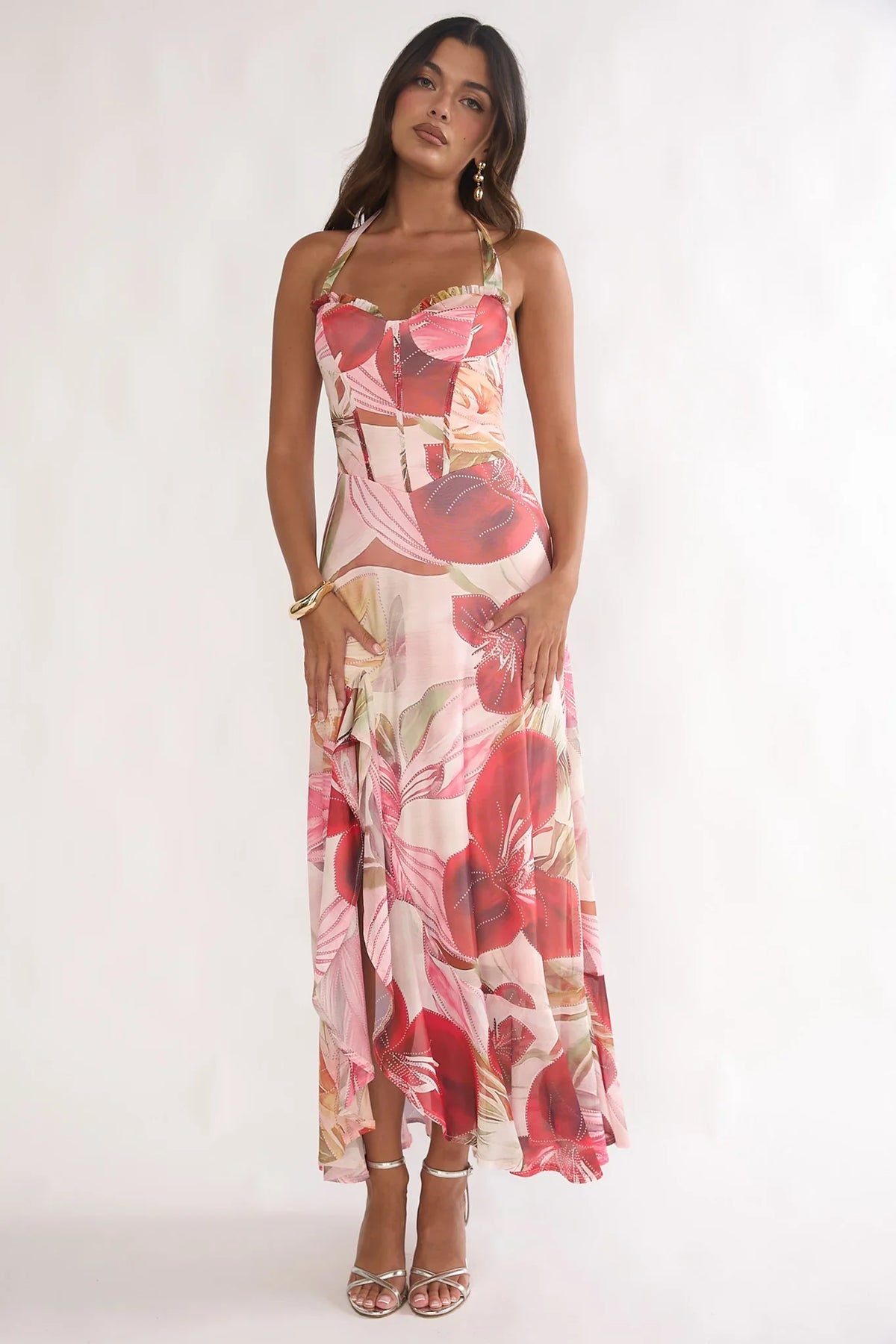 Moonlit Magic Halterneck Split Maxi Dress Floral Red