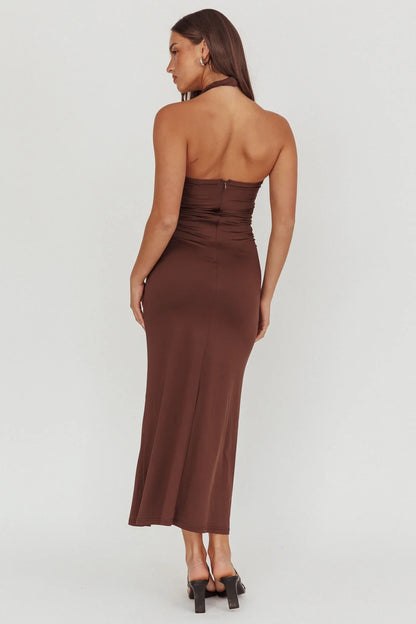 Mixed Feelings Ruched Bodice Halter Maxi Dress Chocolate