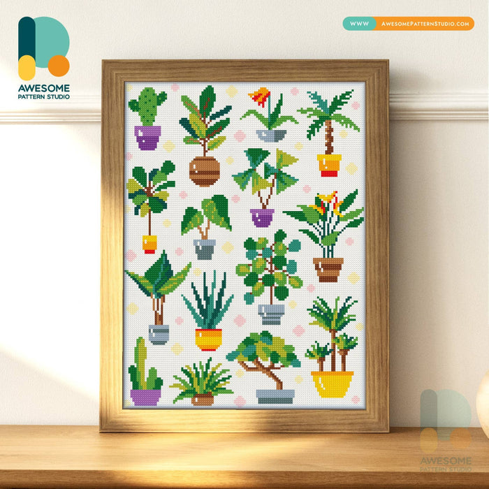 Framed cross-stitch pattern of potted plants on a white background, with 'Awesome Pattern Studio' branding.