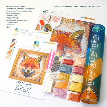Diamond painting kit with pattern sheet, diamonds, and packaging on a white background