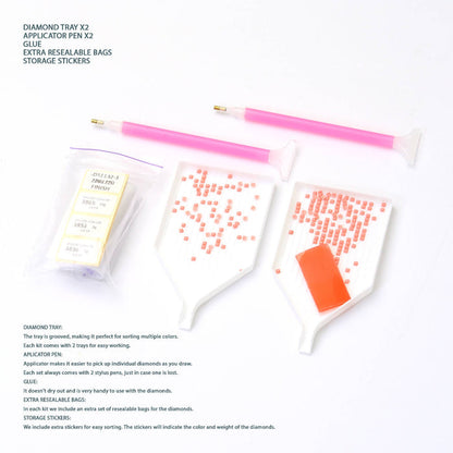 Diamond tray, applicator pen, glue, and resealable bags on a white background