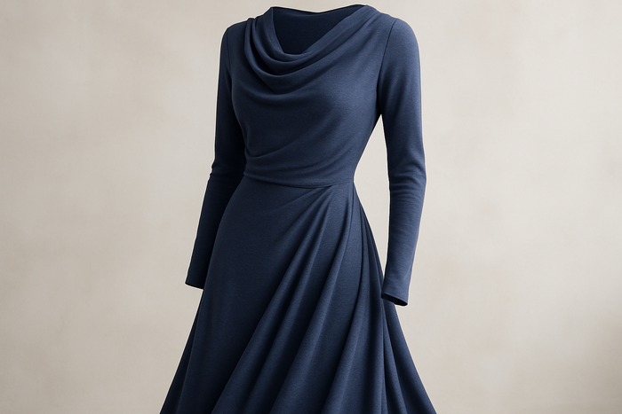 a lovely long dress in light background with detail for Italian Double-Sided Stretch Cotton Jersey - Medium Wt. - Indigo