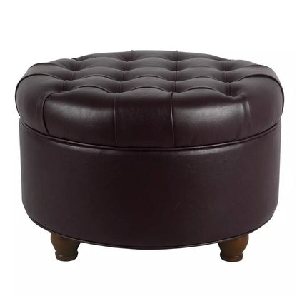 Large Tufted Round Storage Ottoman Faux Leather - Brown - Wichita Home Outlet