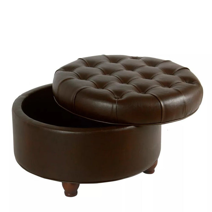 Large Tufted Round Storage Ottoman Faux Leather - Brown - Wichita Home Outlet