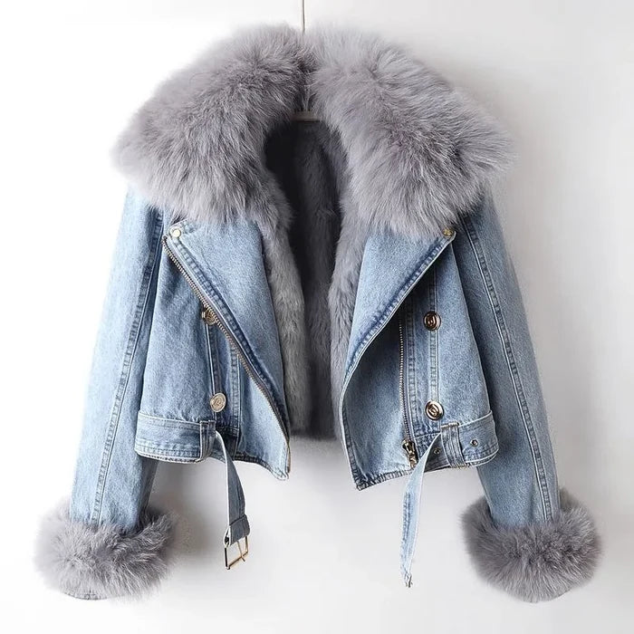 Mary Luxe Lined Fox Fur Denim Coat