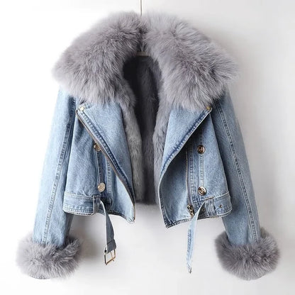 Mary Luxe Lined Fox Fur Denim Coat