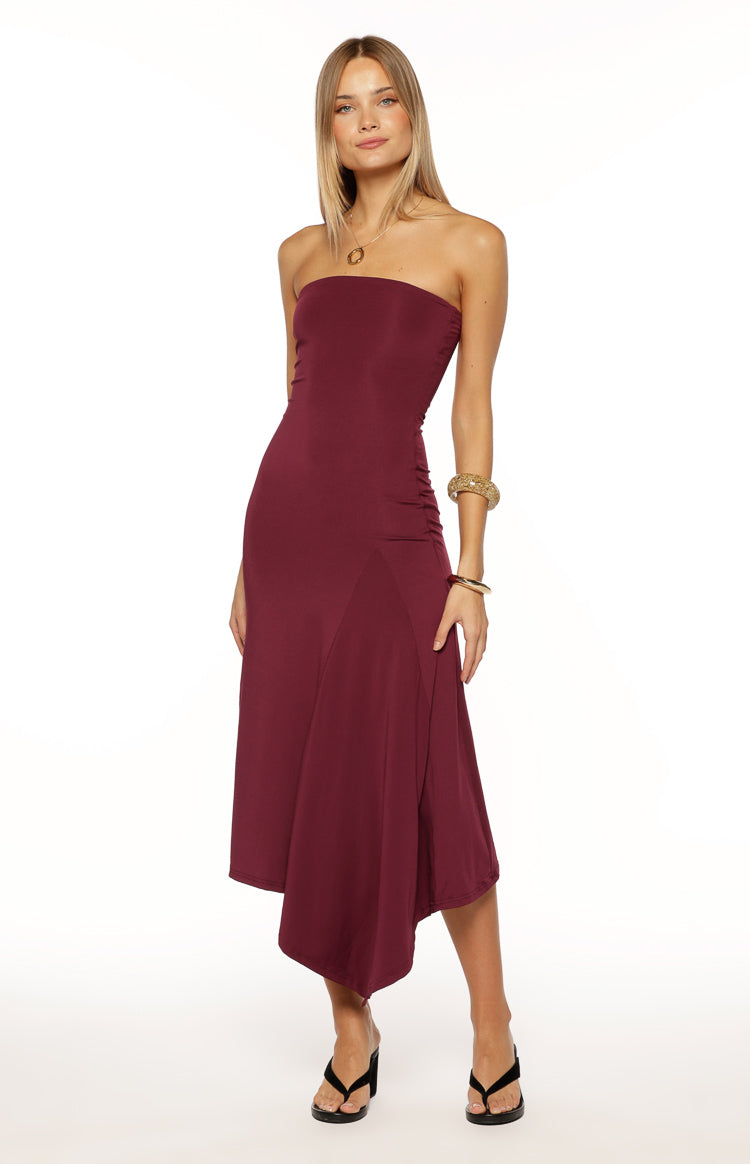 Maura Plum Strapless Asymmetrical Midi Dress