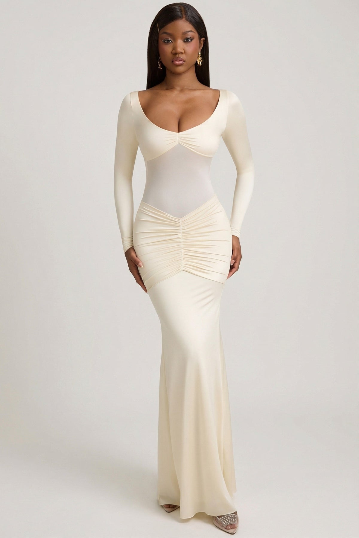 Bow-Detail Ruched Maxi Dress in Ivory