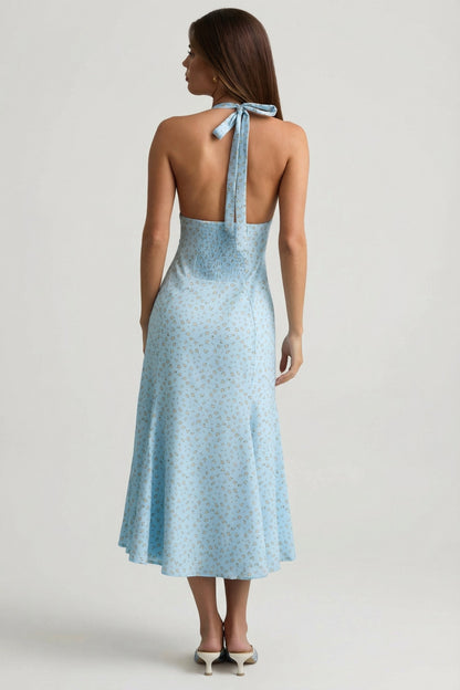 Halterneck Midaxi Dress in Blue Flower Print
