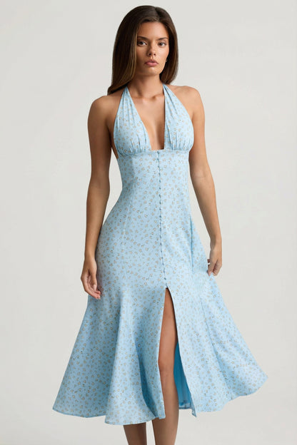 Halterneck Midaxi Dress in Blue Flower Print