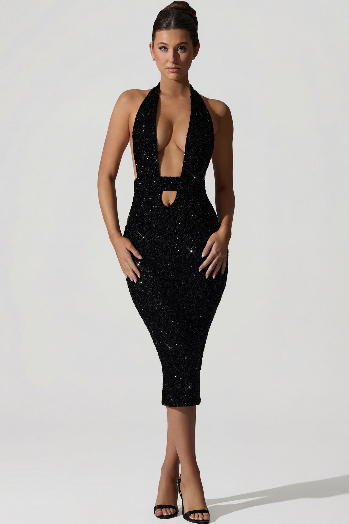 Embellished Cut-Out Open-Back Midaxi Dress in Black