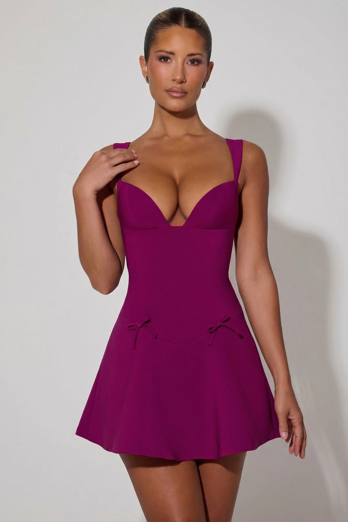 Bow-Detail A-Line Mini Dress in Plum