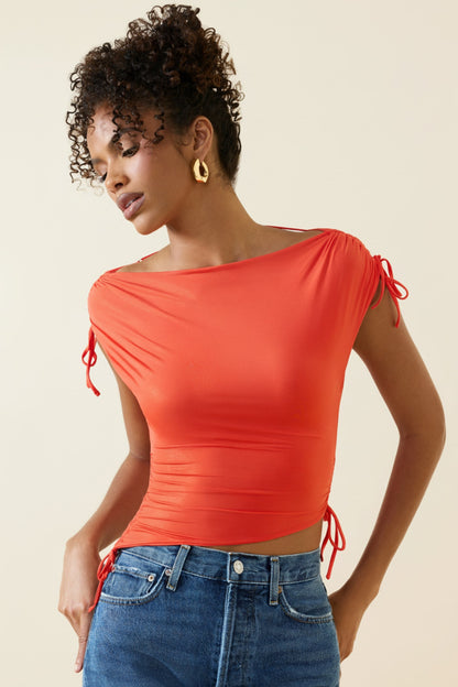 Asymmetric Ruched Cowl-Back Crop Top in Scarlet