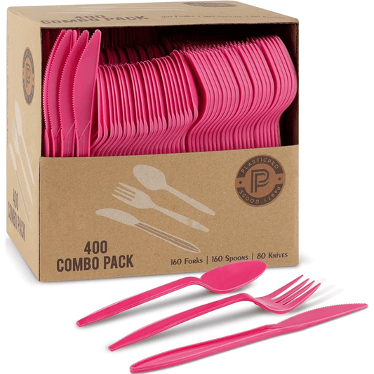 Plastic Silverware Kitchen Utensil Set Disposable Plastic Forks, Spoons and Knives, 400 Pack, Pink - Wichita Home Outlet